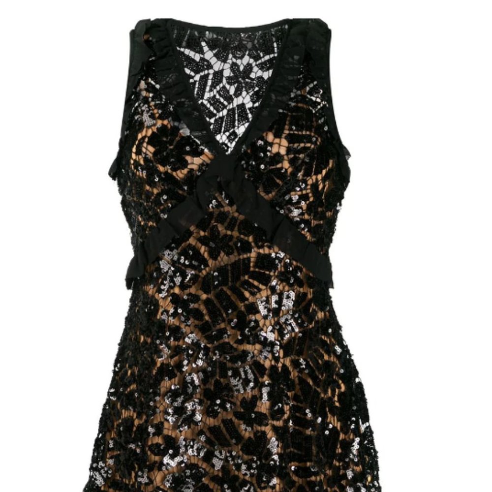Ruffle Trimmed Sequined Lace Dress In Black - NEW - Picture 7 of 11